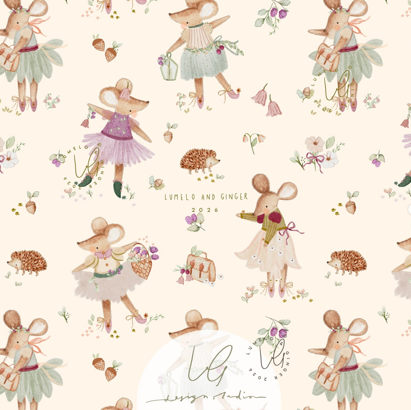 A repeating watercolor-style pattern on a warm cream background featuring illustrated mouse characters in pastel dresses, strawberries, small hedgehogs, flowers, and decorative script text reading 'LUMELO AND GINGER 2026'.