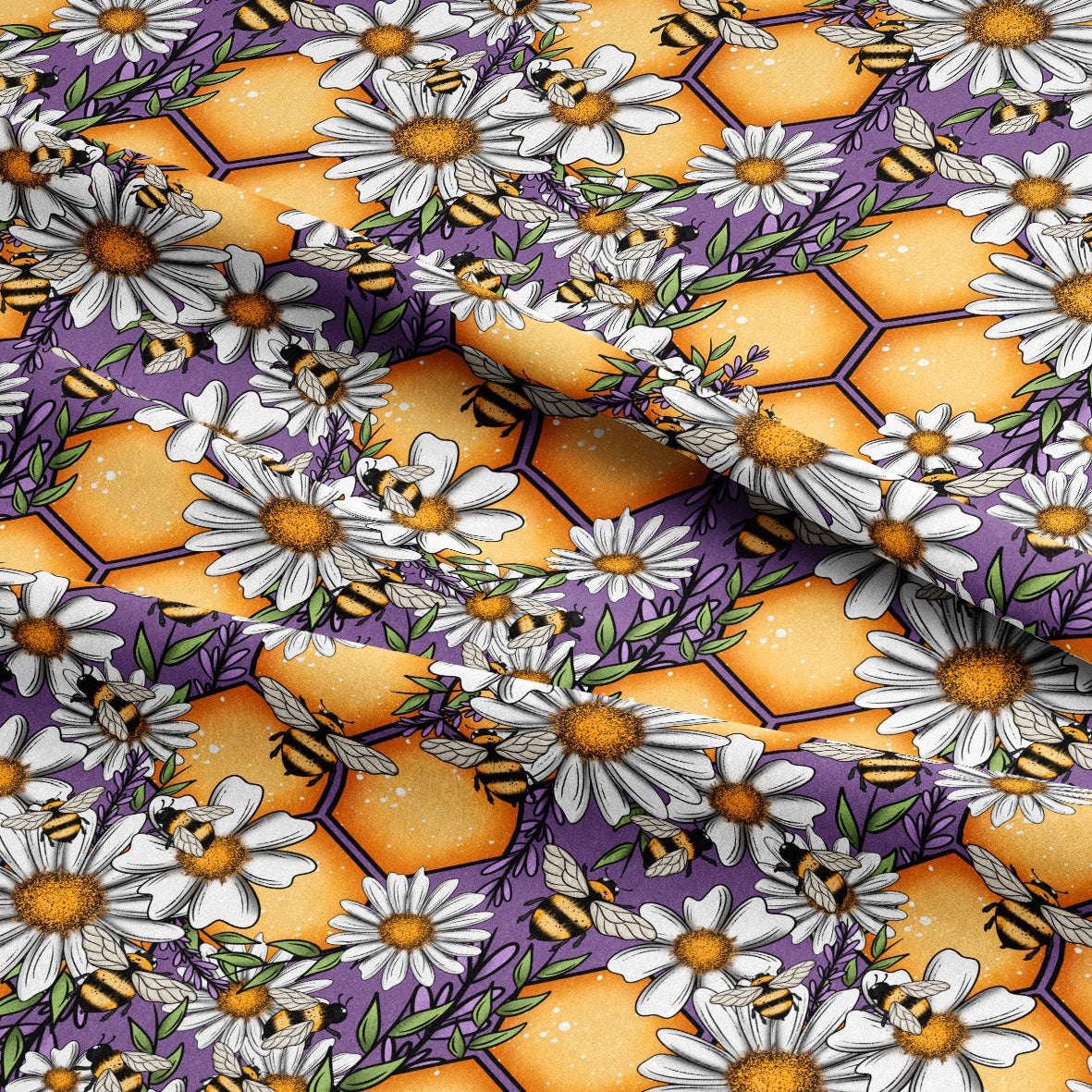 Pattern of bees, flowers, and honeycomb shapes on a colorful background