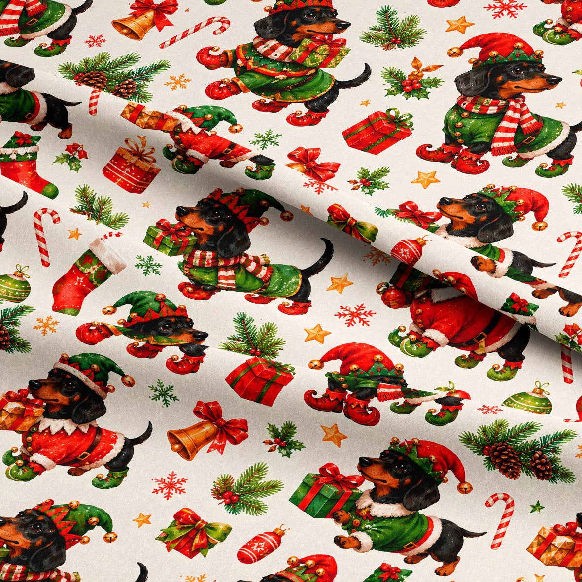 A close-up of a festive fabric with a repeating pattern of dachshunds dressed as Santa Claus, Christmas stockings, gifts, candy canes, pinecones, and evergreen branches on an off-white background.