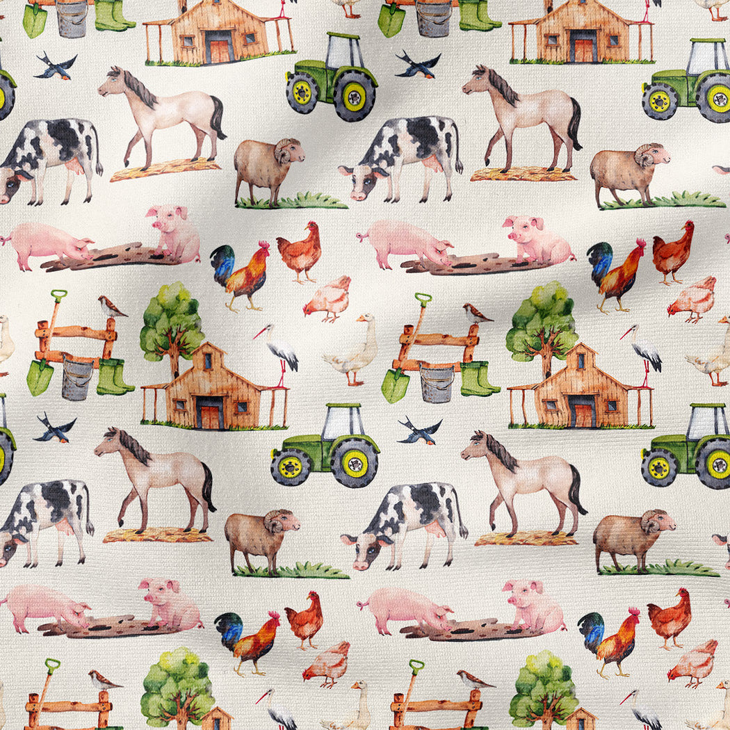Pattern of farm animals, tractors, and barns on a white background
