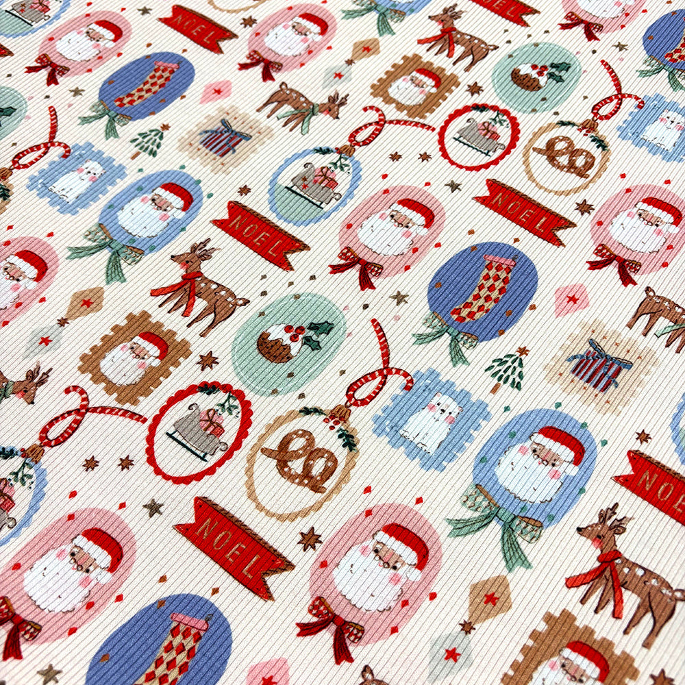 A close-up of a Christmas-themed fabric featuring a repeating pattern of Santa Claus, reindeer, stockings, ornaments, and banners in red, blue, green, brown, and beige.