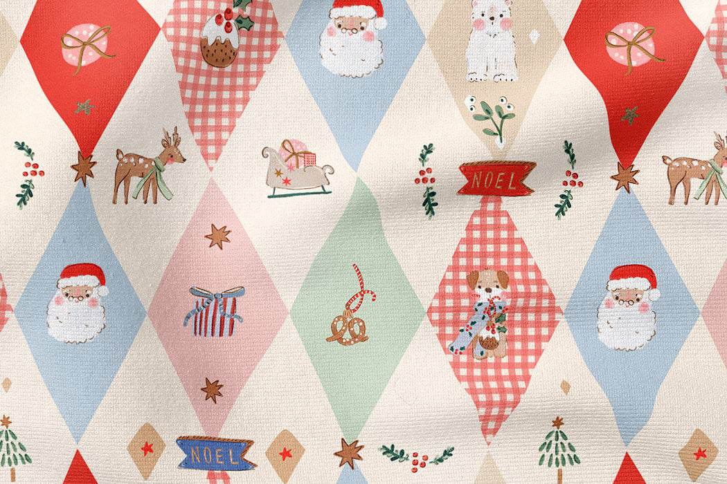 A festive Christmas-themed fabric pattern featuring a repeating harlequin diamond design with Santa Claus, snowman, reindeer, Christmas trees, gifts, and 'Merry Christmas' banners on a cream background.