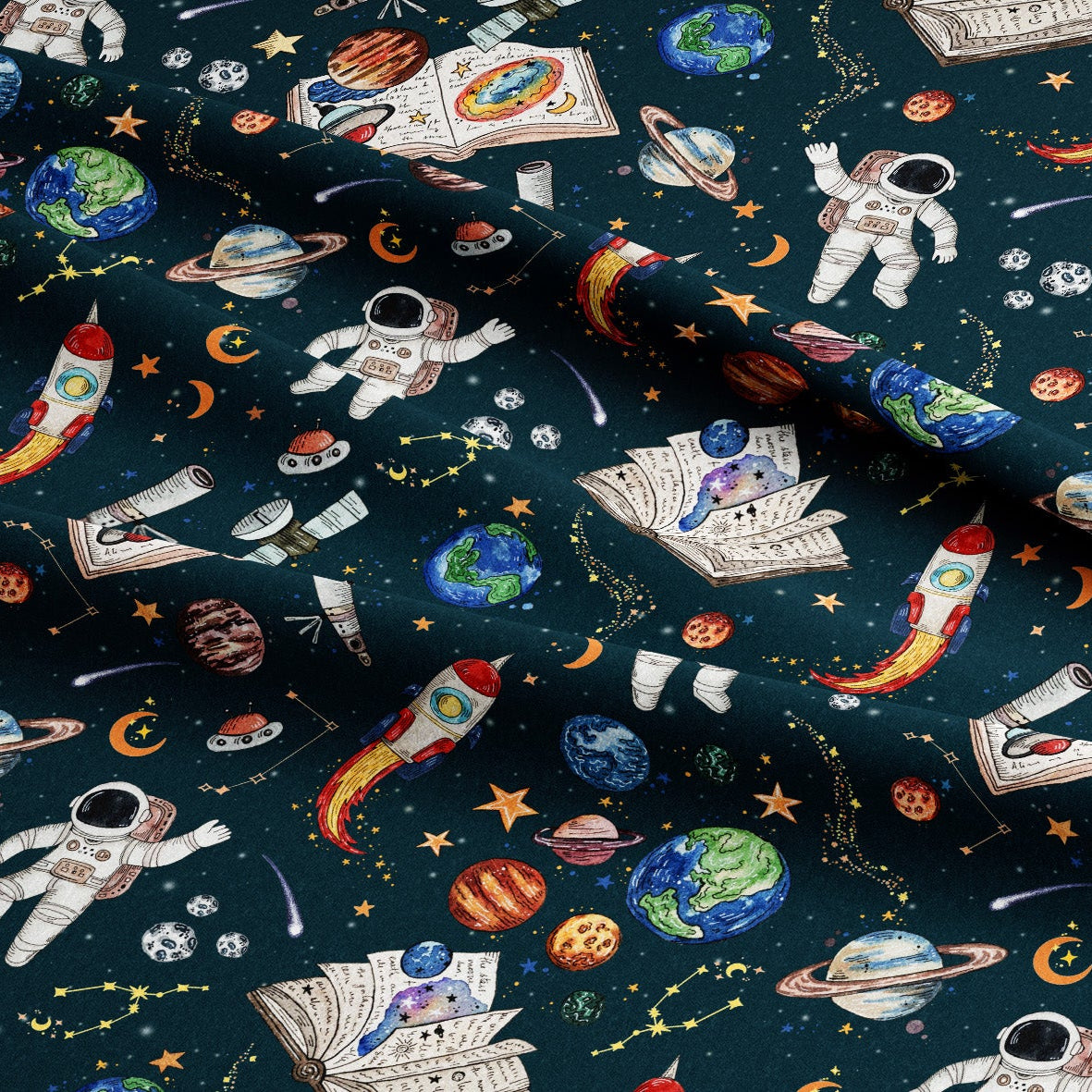 Space-themed fabric with astronauts, planets, and rockets on a dark blue background.