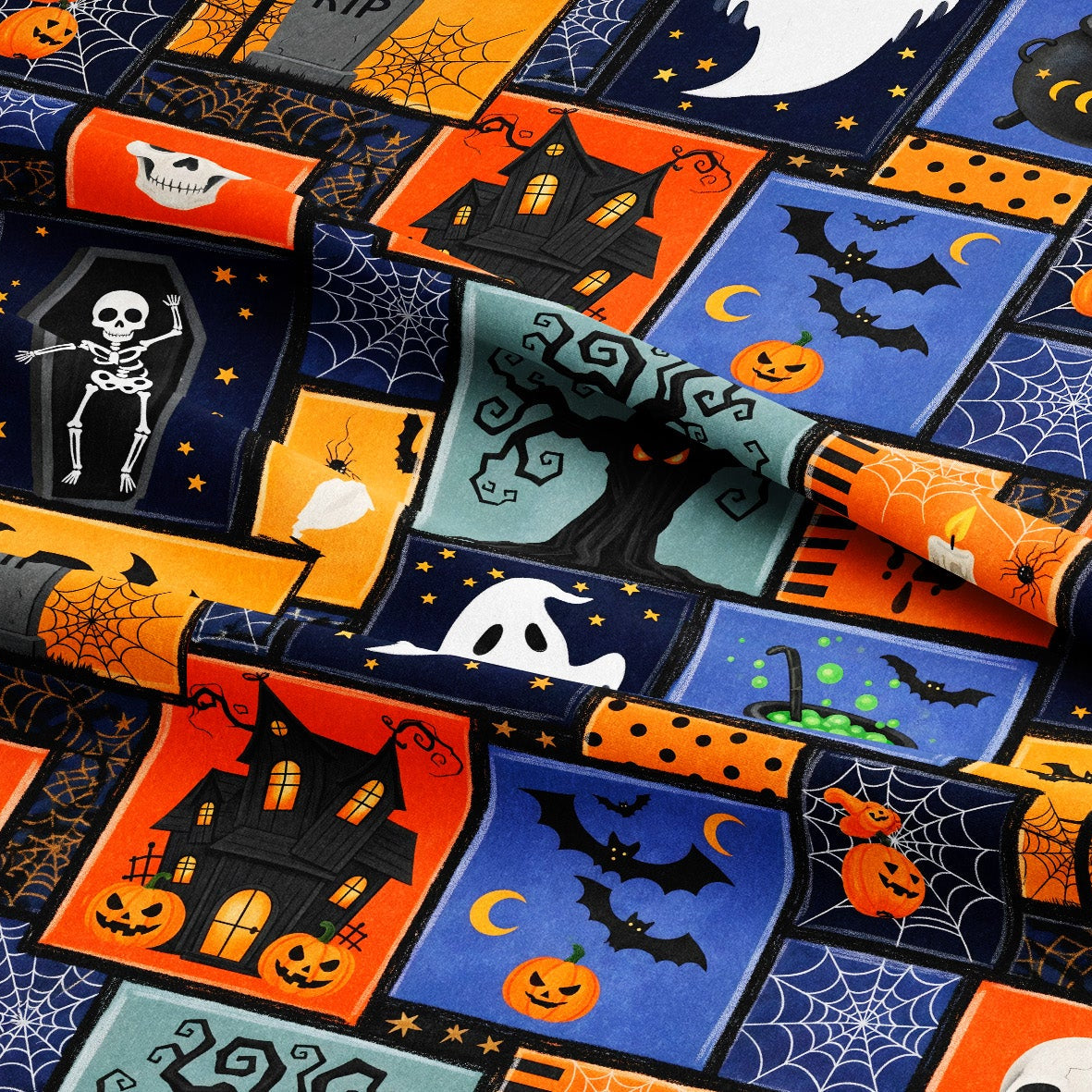 Halloween-themed fabric with a patchwork print of orange, blue, black, and teal squares featuring pumpkins, haunted houses, bats, skeletons, ghosts, and spiderwebs.