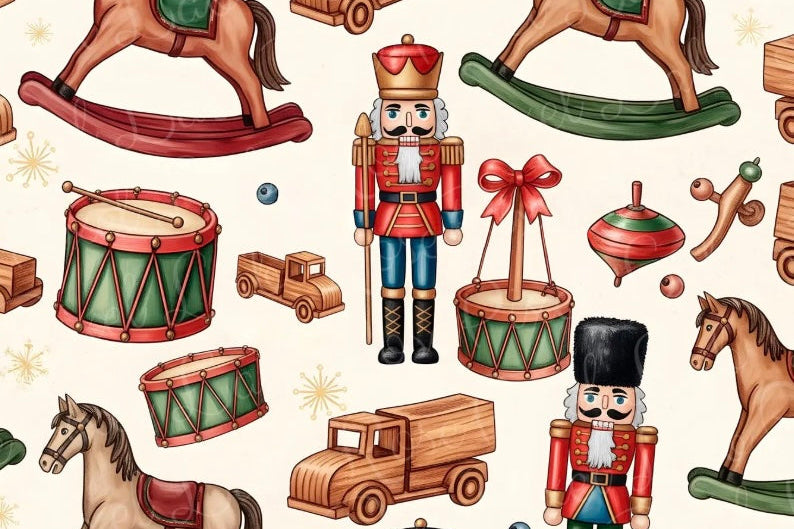 A repeating Christmas-themed pattern featuring wooden rocking horses, toy trucks, drum sets, nutcrackers, and ornaments on a warm cream background.