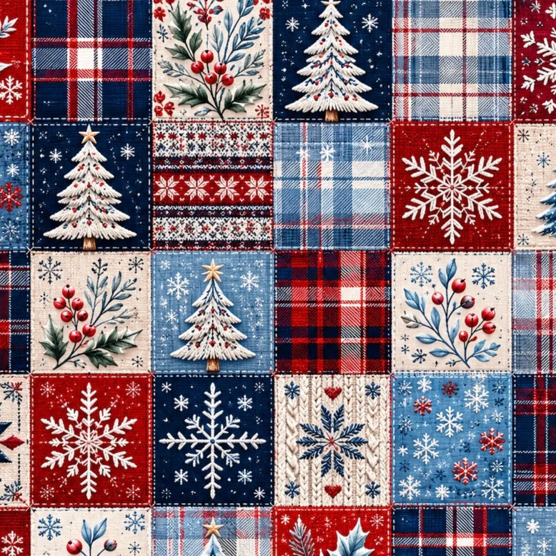 A repeating Christmas-themed patchwork fabric pattern with red, navy, white, and light blue squares featuring plaid, snowflakes, evergreen trees, berries, and knit-style motifs.