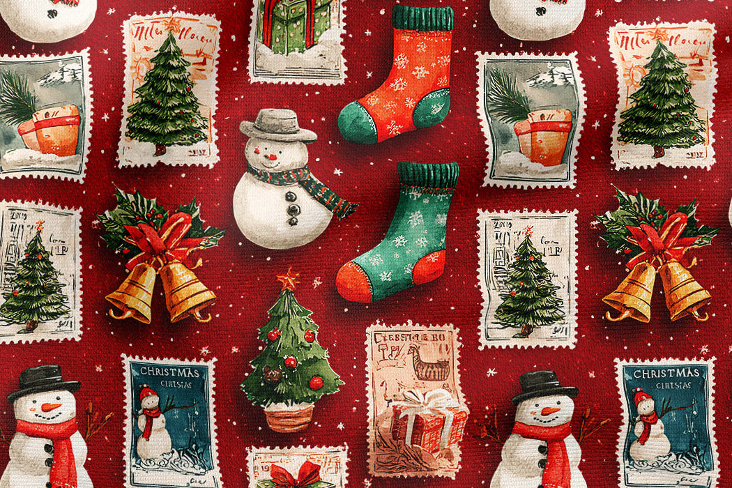 A festive Christmas-themed pattern featuring snowmen, stockings, gift boxes, Christmas trees, and bells arranged like postage stamps on a deep red background.