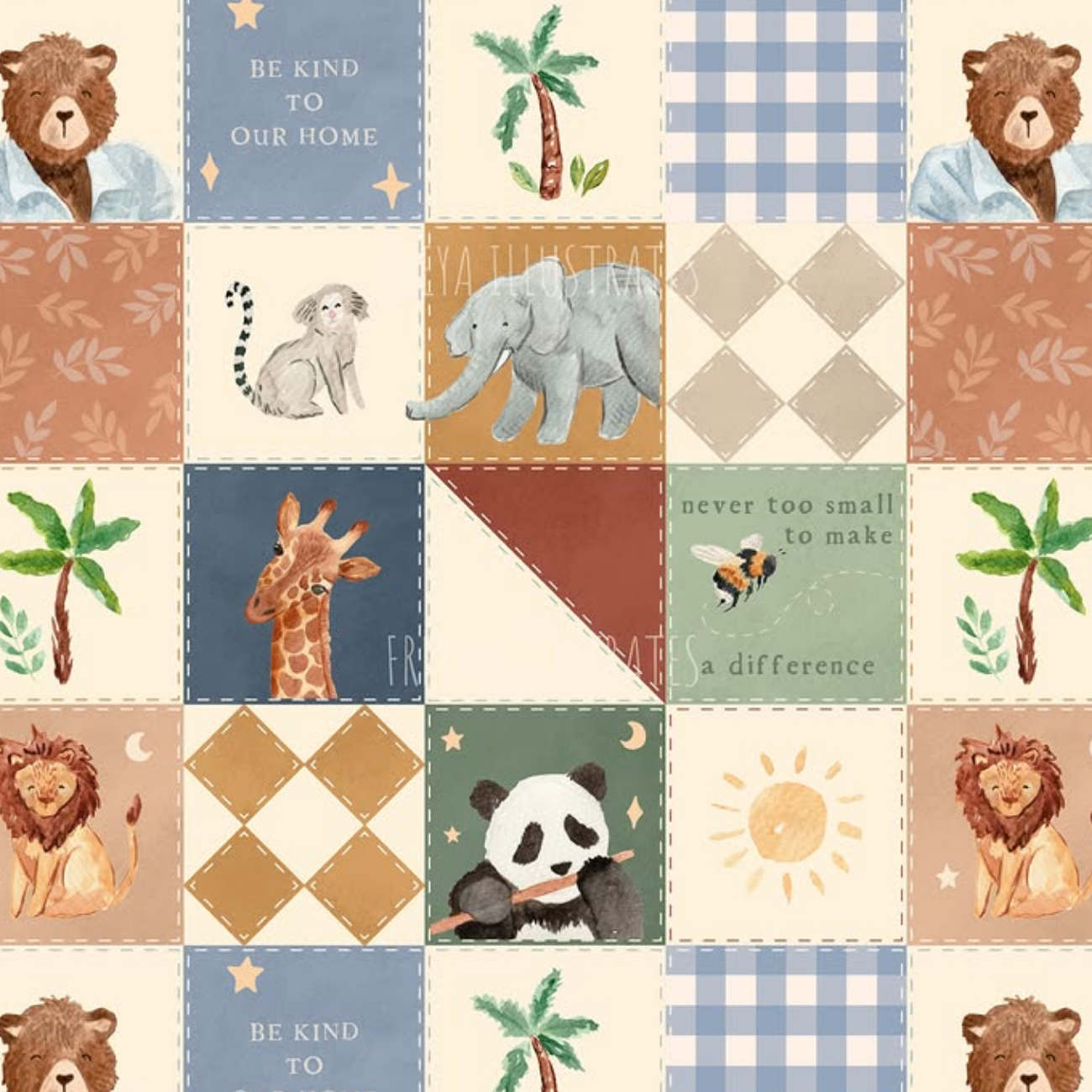 A square patchwork-style print made of illustrated safari and nursery-themed tiles, including bears, palm trees, a giraffe, a lion, a panda, a sun, gingham checks, and text such as 'BE KIND TO OUR HOME' and 'never too small to make a difference'.