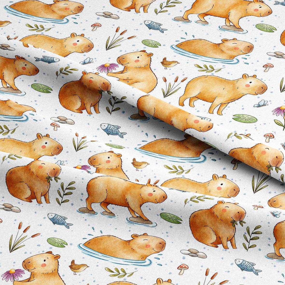 Pattern of capybaras and plants on a light background