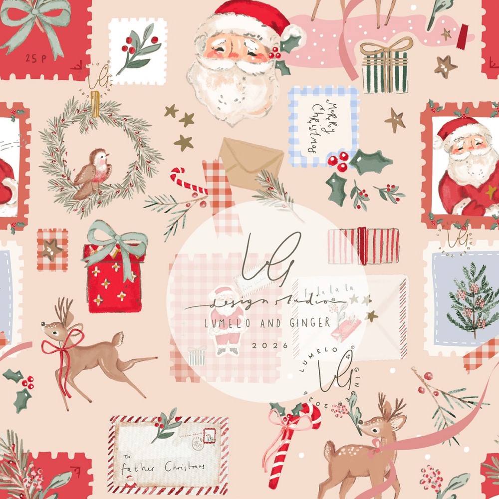 A festive Christmas-themed pattern featuring watercolor illustrations of Santa Claus, reindeer, wreaths, candy canes, envelopes, stars, and holiday stamps on a light pink background. A central white oval watermark reads 'Lil' Elmo and Ginger 2026' with a stylized LV logo.