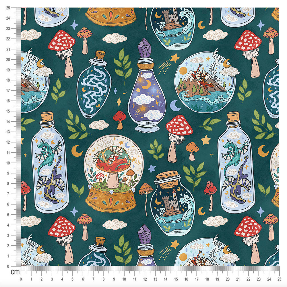 Fantasy jars fabric with mushrooms and dragons