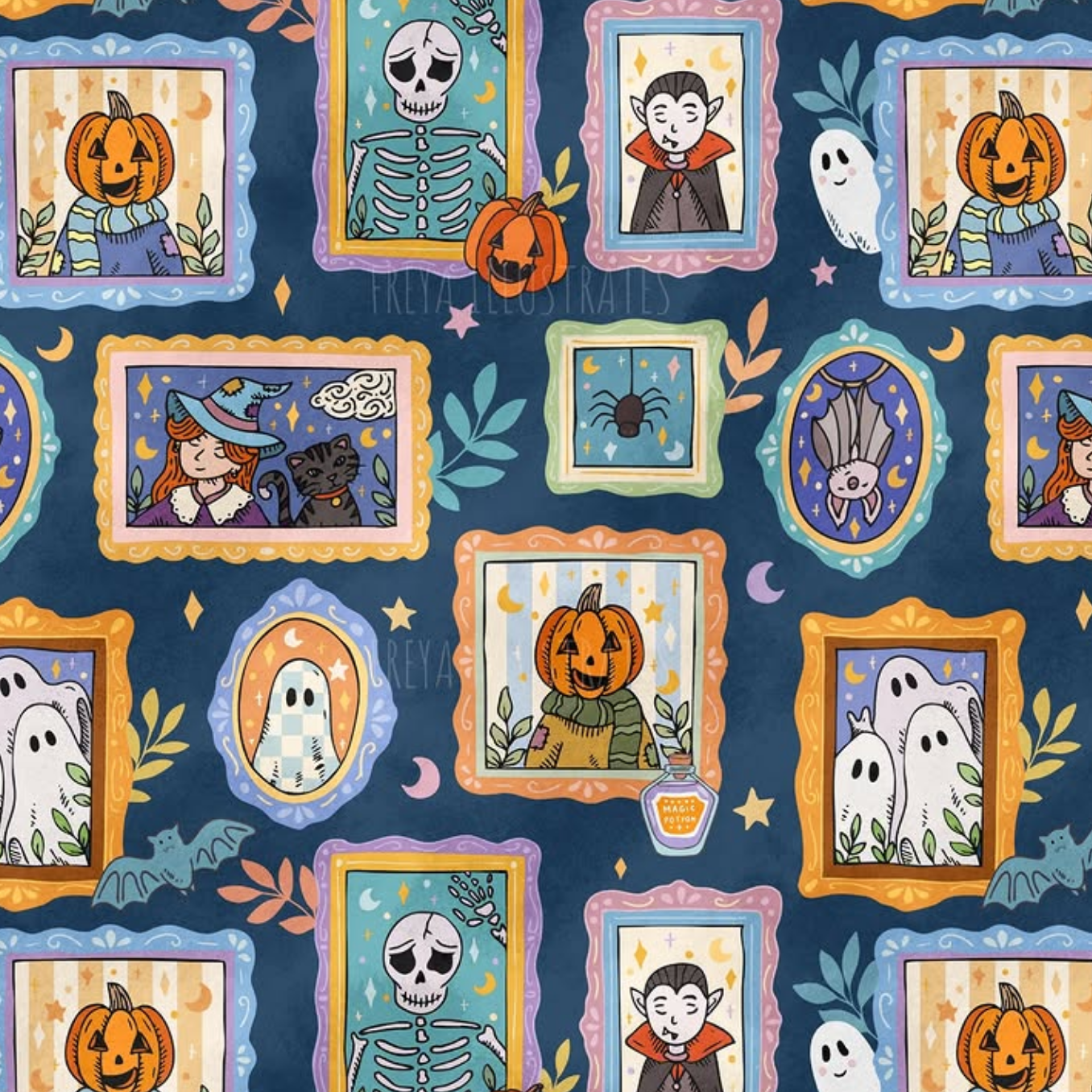 A repeating Halloween-themed pattern featuring framed illustrations of pumpkins, skeletons, ghosts, a witch, a spider, and vampire faces on a dark blue background.