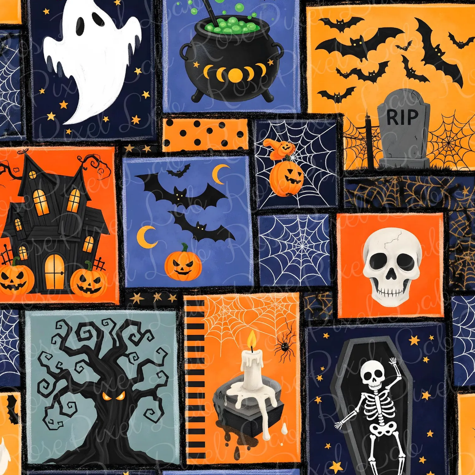 A repeating Halloween-themed collage pattern featuring orange, blue, black, and white panels with ghosts, bats, a cauldron of green potion, a haunted house, tombstones, skulls, cobwebs, a spooky tree, a candle, and a skeleton.