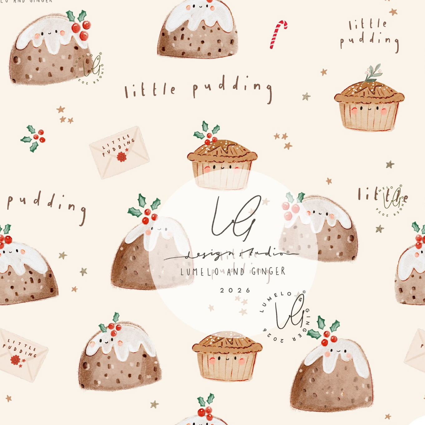 A repeating watercolor-style pattern on a warm cream background featuring small pudding illustrations, candy canes, envelopes, and the Lunello and Ginger brand name in a central white oval.
