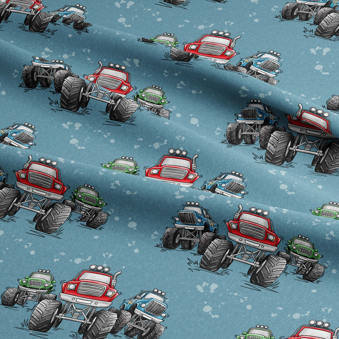 Fabric with cartoon monster truck pattern on a blue background