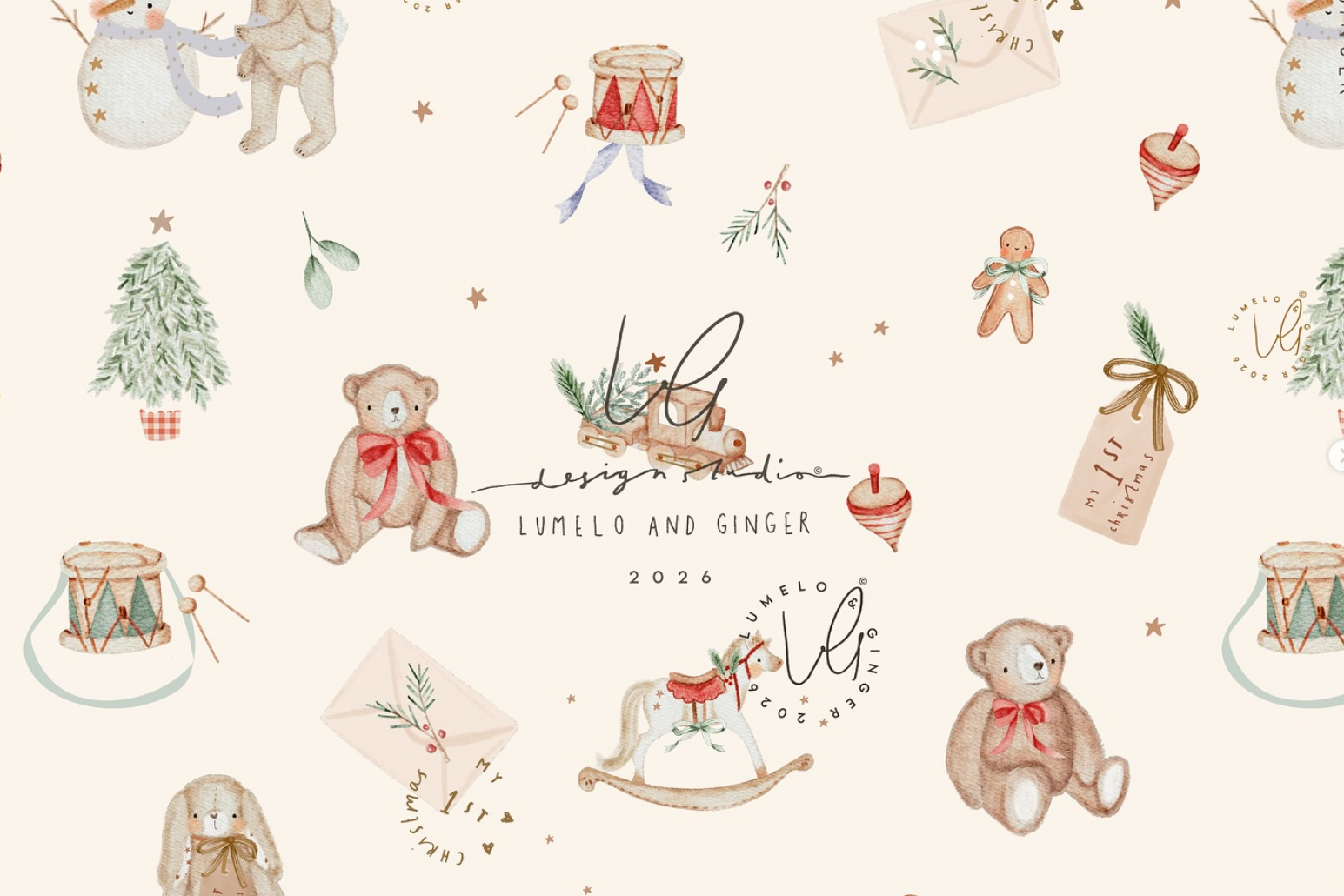 A repeating Christmas-themed pattern on a warm cream background, featuring watercolor-style illustrations of teddy bears, snowmen, trees, ornaments, envelopes, and small decorative motifs. The center includes the text 'Lunello and Ginger 2026' and a monogram logo.