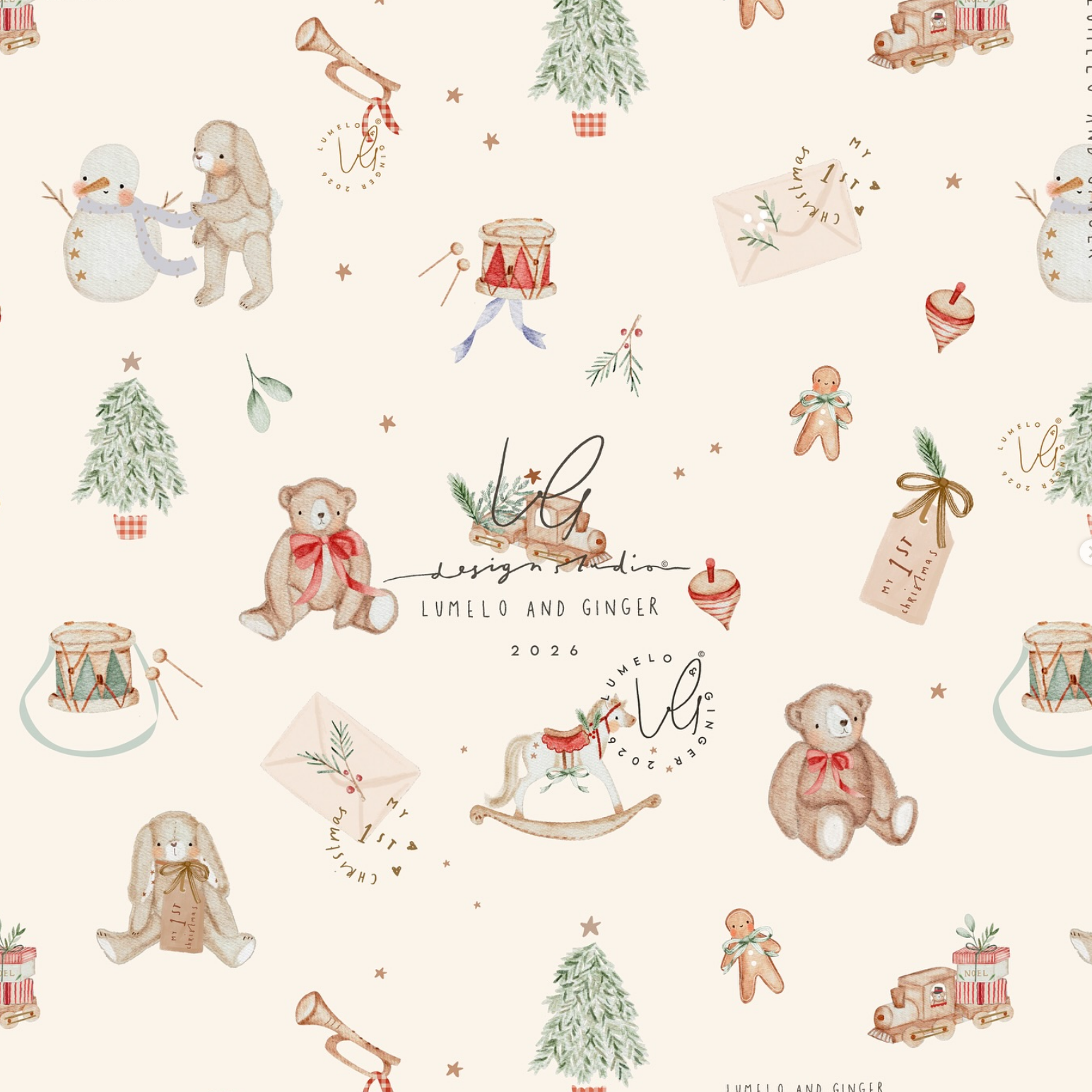 A repeating Christmas-themed pattern on a warm cream background, featuring watercolor-style illustrations of teddy bears, snowmen, trees, ornaments, envelopes, and small decorative motifs. The center includes the text 'Lunello and Ginger 2026' and a monogram logo.