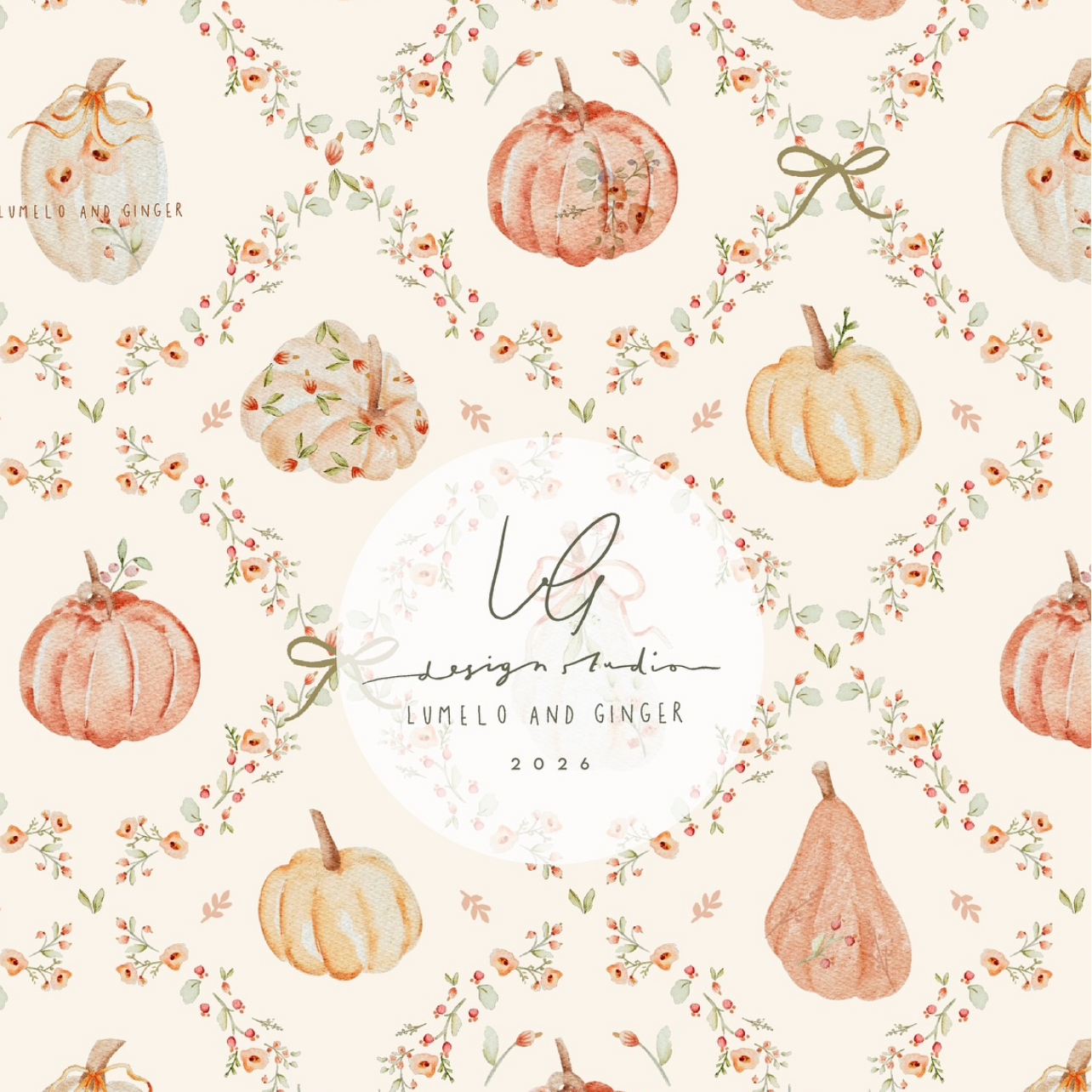 Pattern of pumpkins and flowers with 'Lumelo and Ginger' branding on a light background.