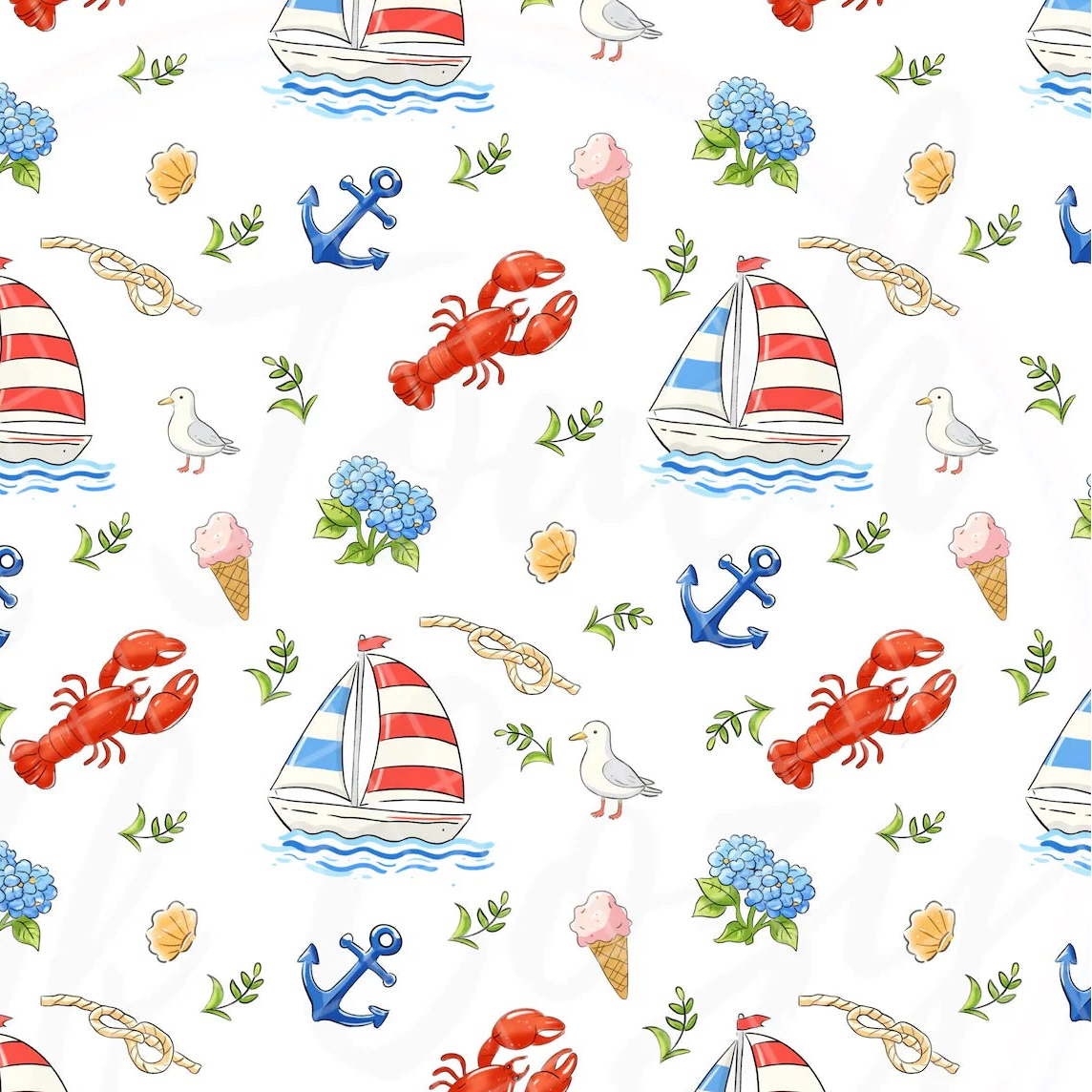 Sailboats and Lobsters nautical fabric pattern