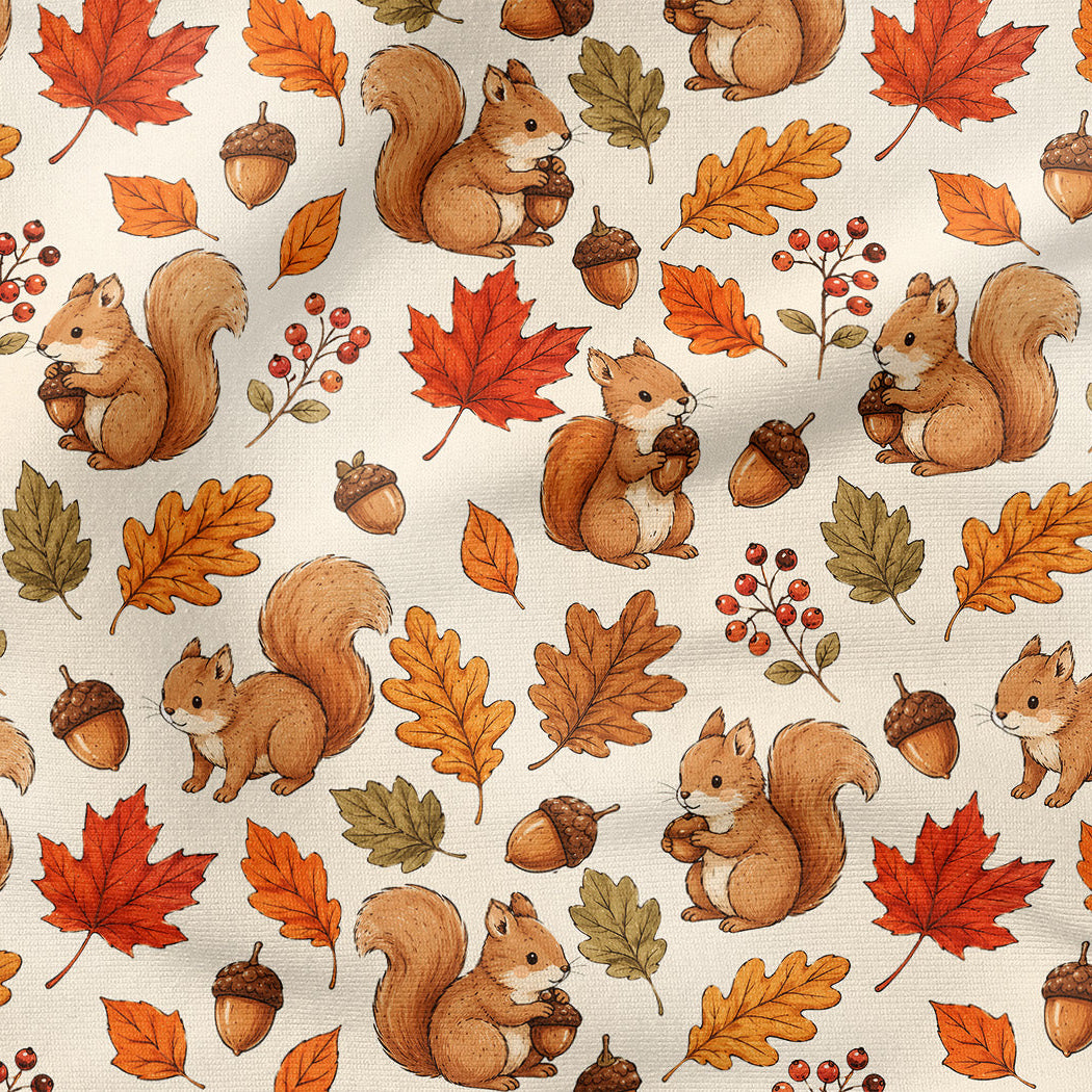 A repeating autumn-themed pattern featuring illustrated squirrels holding acorns, maple leaves in red, orange, and yellow, oak acorns, and small berry clusters on an off-white background.