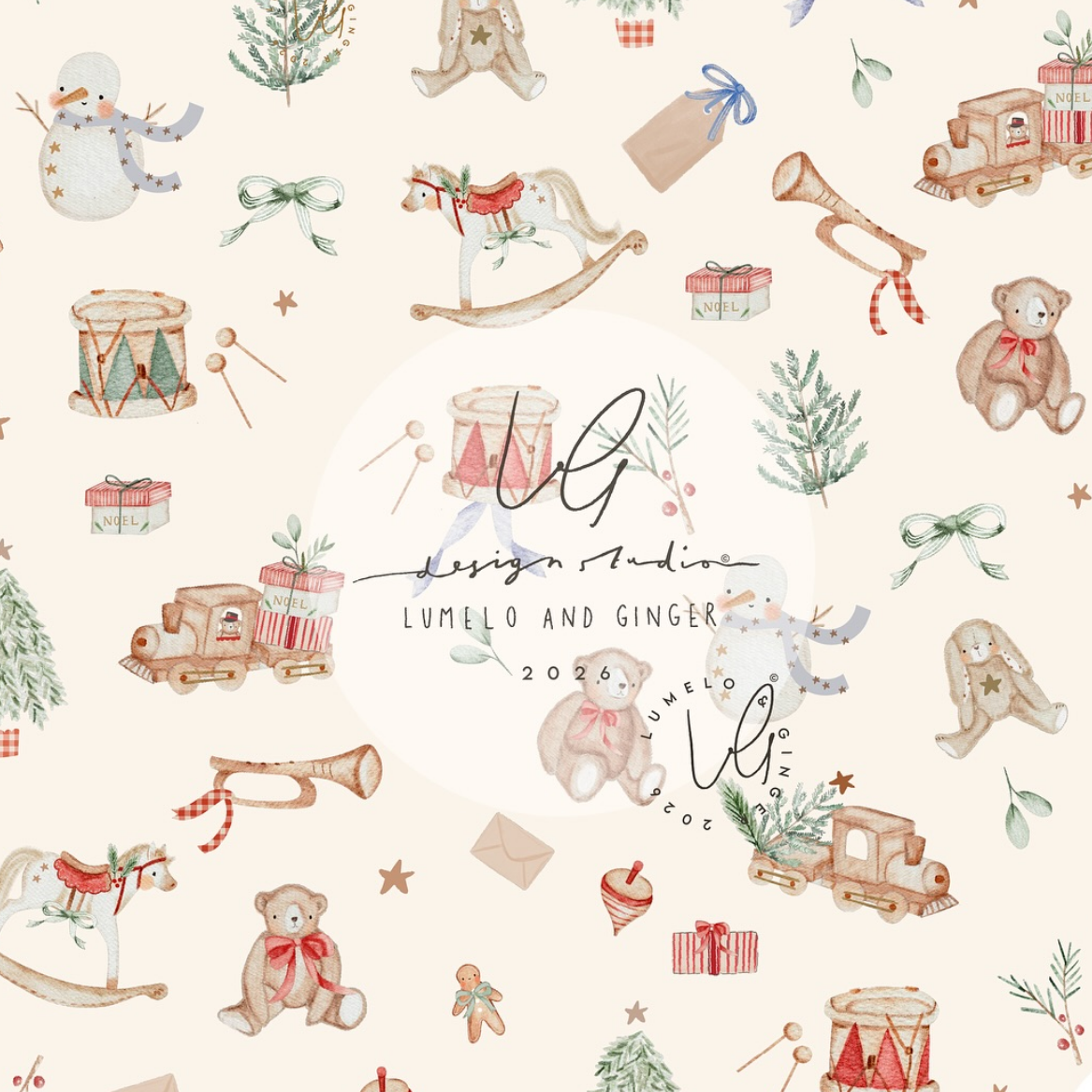 A repeating Christmas-themed pattern on a warm cream background, featuring watercolor-style illustrations of teddy bears, rocking horses, snowman ornaments, gift boxes, musical instruments, evergreen branches, stars, and envelopes. A central white oval contains the text 'Lumelo and Ginger' with a decorative monogram.
