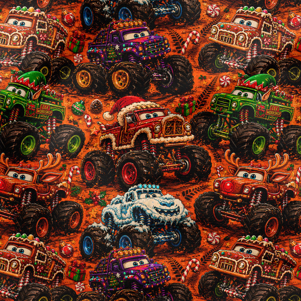 A close-up of a repeating pattern featuring colorful cartoon monster trucks on an orange background with candy cane motifs.