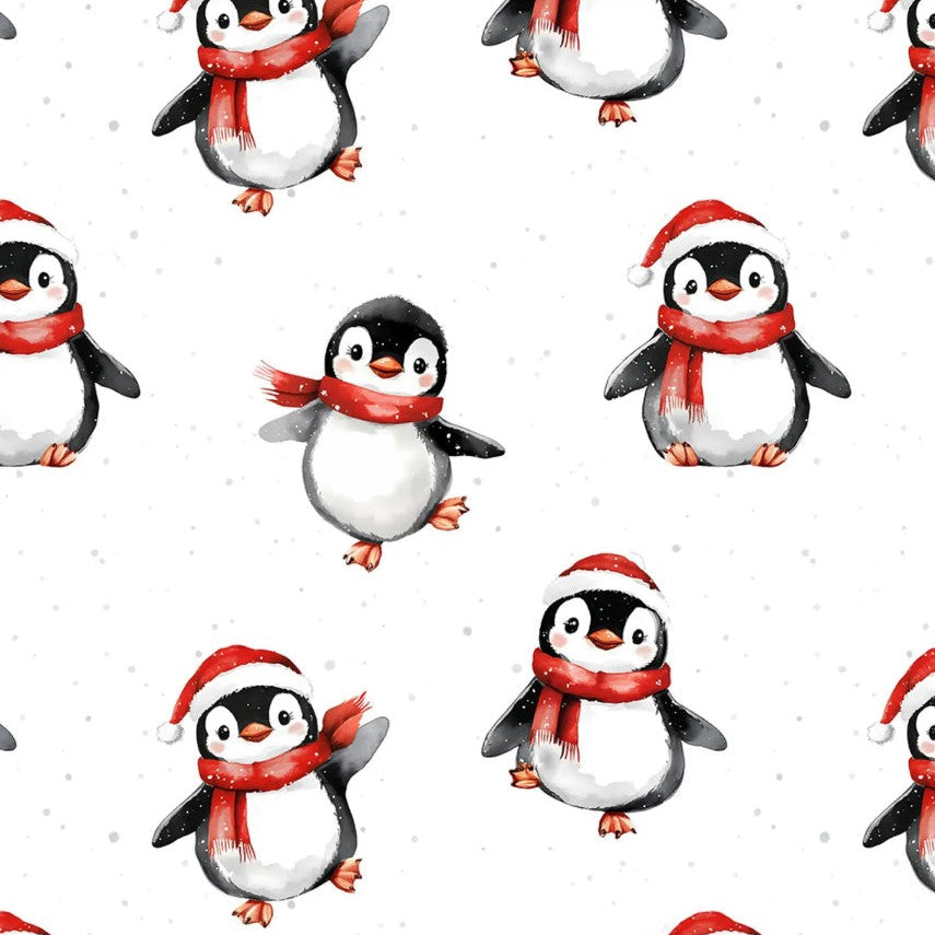 A repeating watercolor pattern of cute penguins wearing red Santa hats and scarves on a white background with light gray speckles.