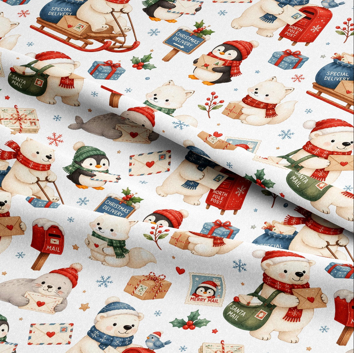 White fabric with a festive Christmas pattern featuring polar bears, penguins, snowman figures, mailboxes, gifts, and snowflakes in red, green, blue, and beige tones.