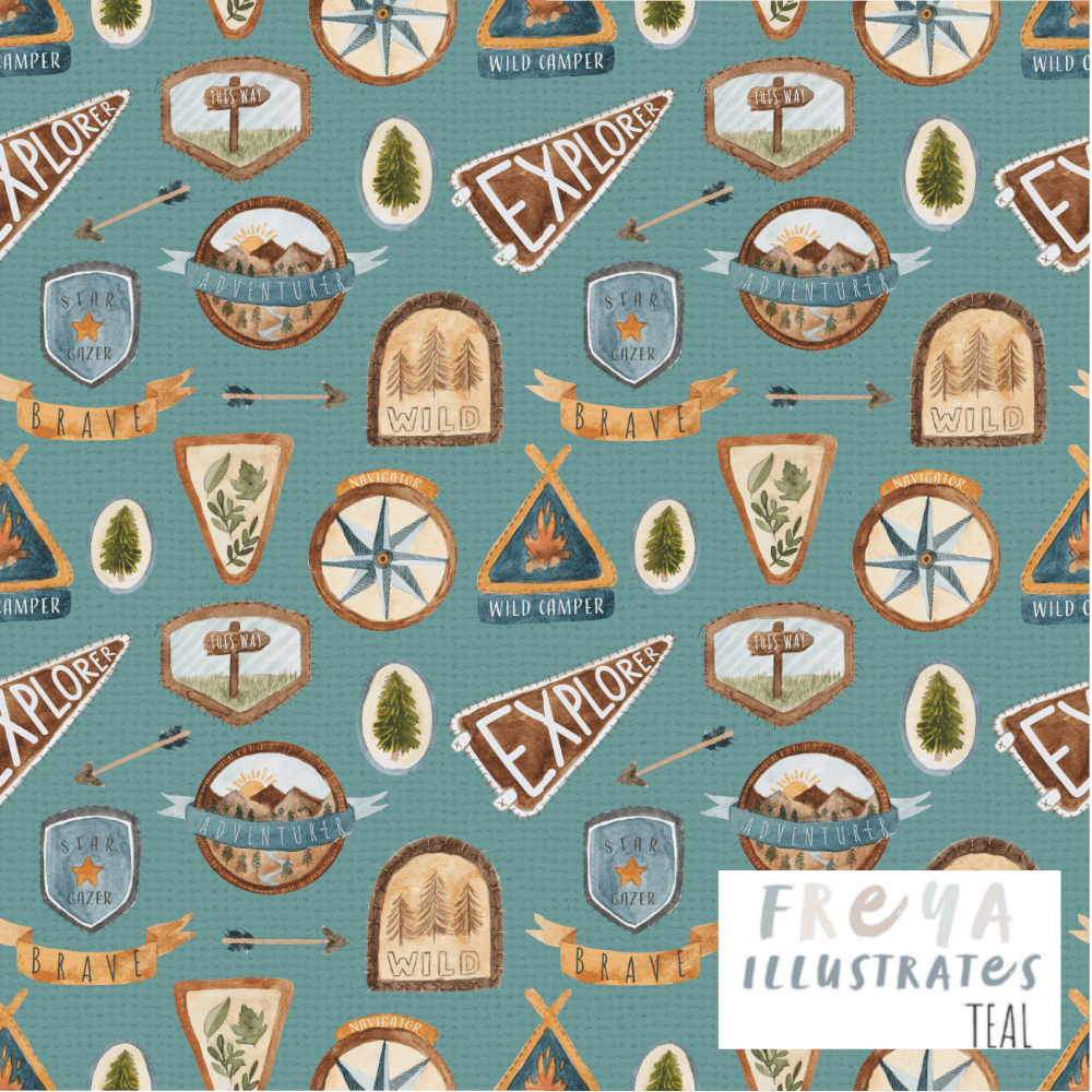 Organic Cotton Jersey - Adventure Badges in Teal (EXCLUSIVE) (due Mar)-Jersey Fabric-Jelly Fabrics
