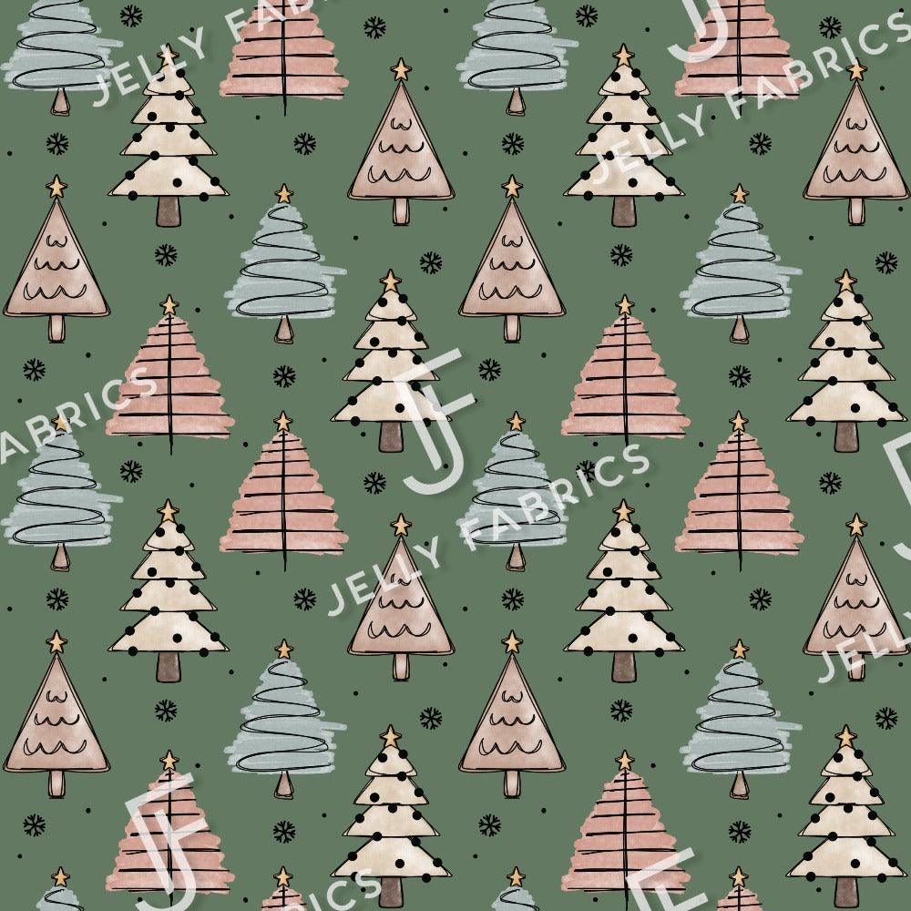 PRE-ORDER!!! - Christmas Trees in Muted Green (EXCLUSIVE) (due July)-Jersey Fabric-Jelly Fabrics