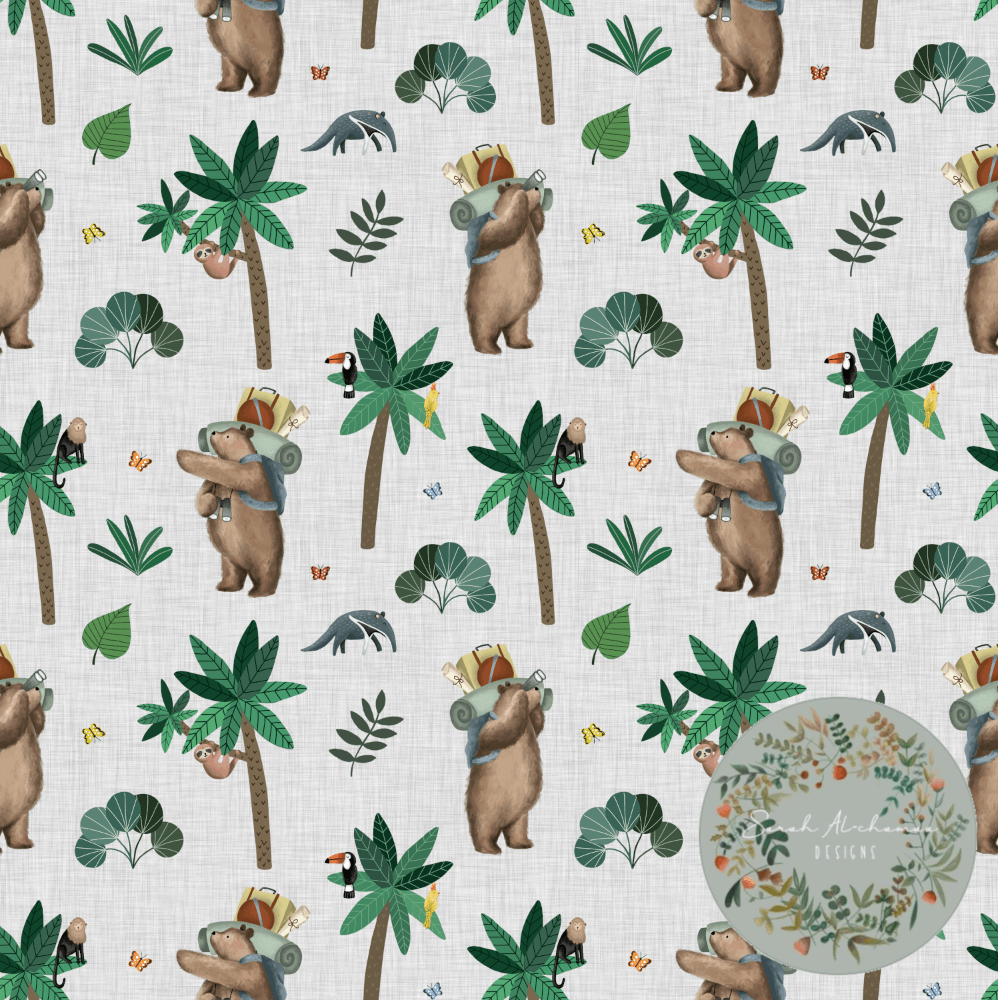 Cotton Jersey - Jungle Explorer in Grey (EXCLUSIVE)-Jersey Fabric-Jelly Fabrics