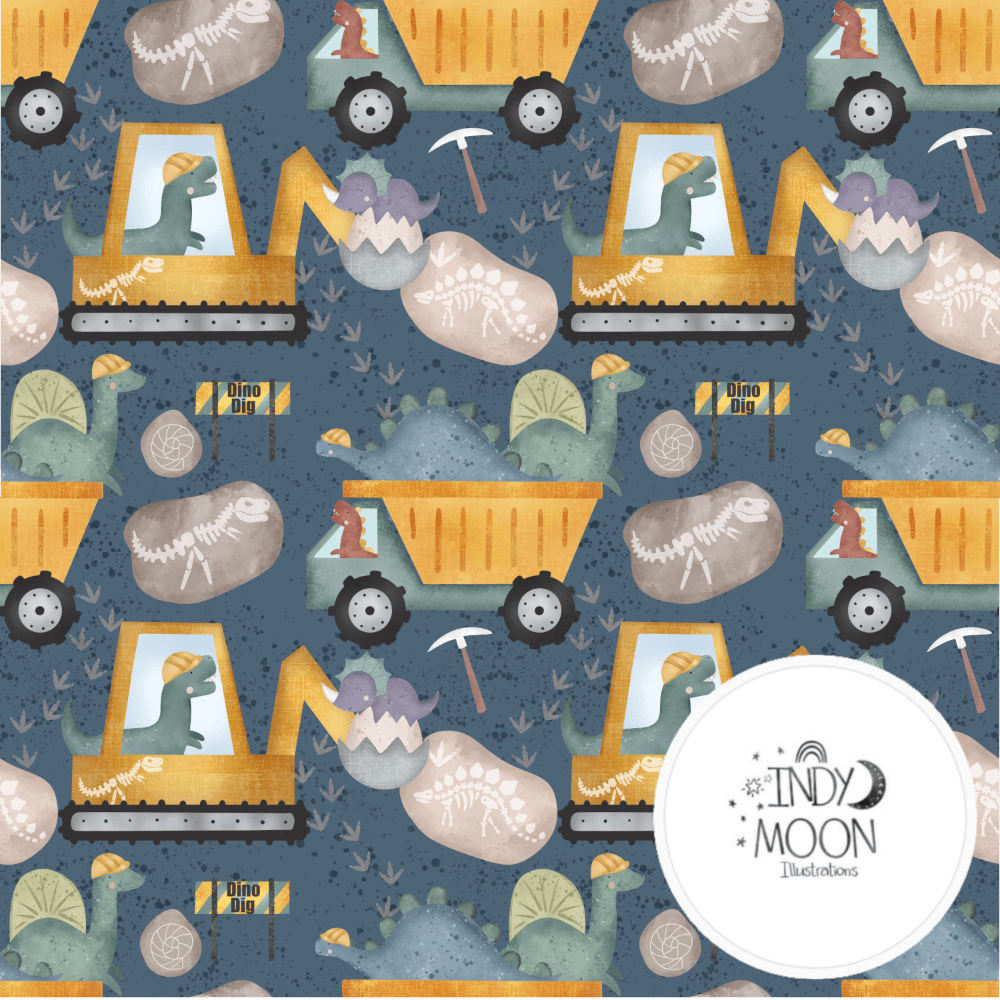 PRE-ORDER!!! - Cotton Jersey - Dinosaur Diggers in Denim Splats (EXCLUSIVE) (due July)-Jersey Fabric-Jelly Fabrics