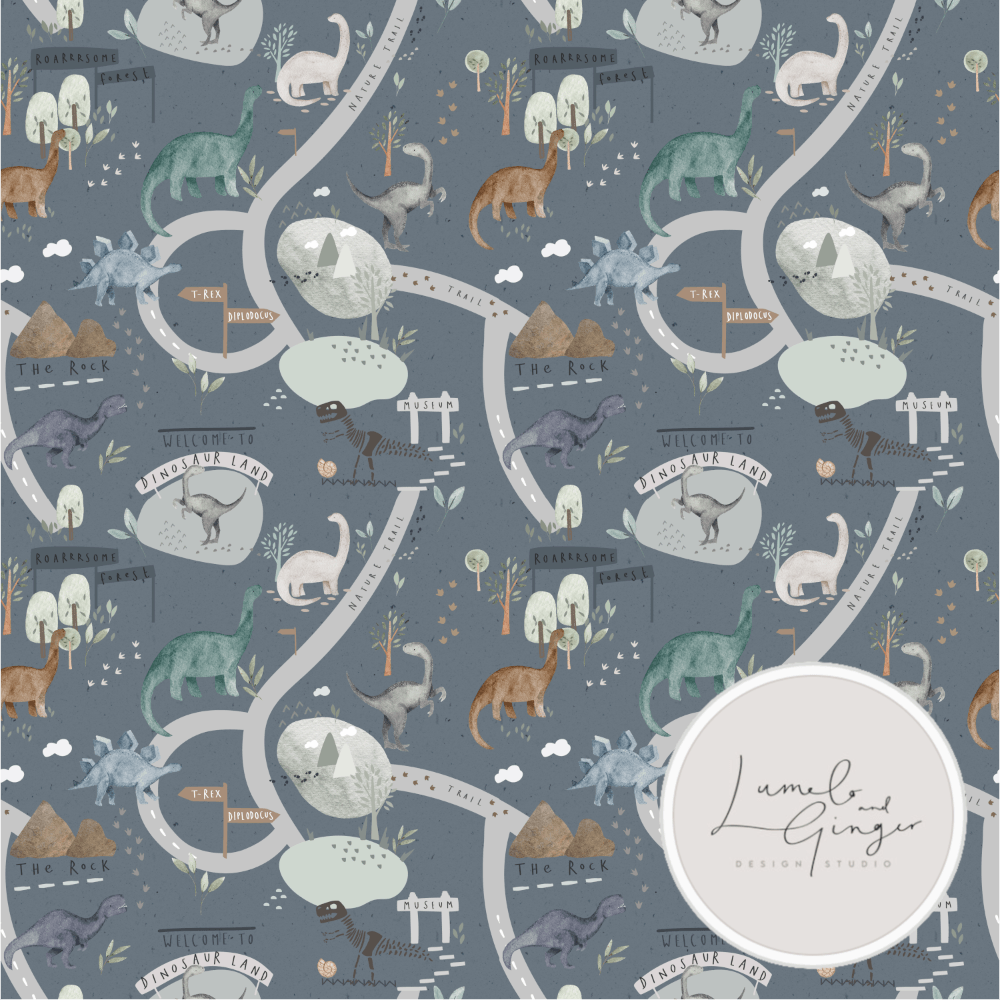 Cotton Jersey - Trip to Dinosaur Land in Steel-Jersey Fabric-Jelly Fabrics