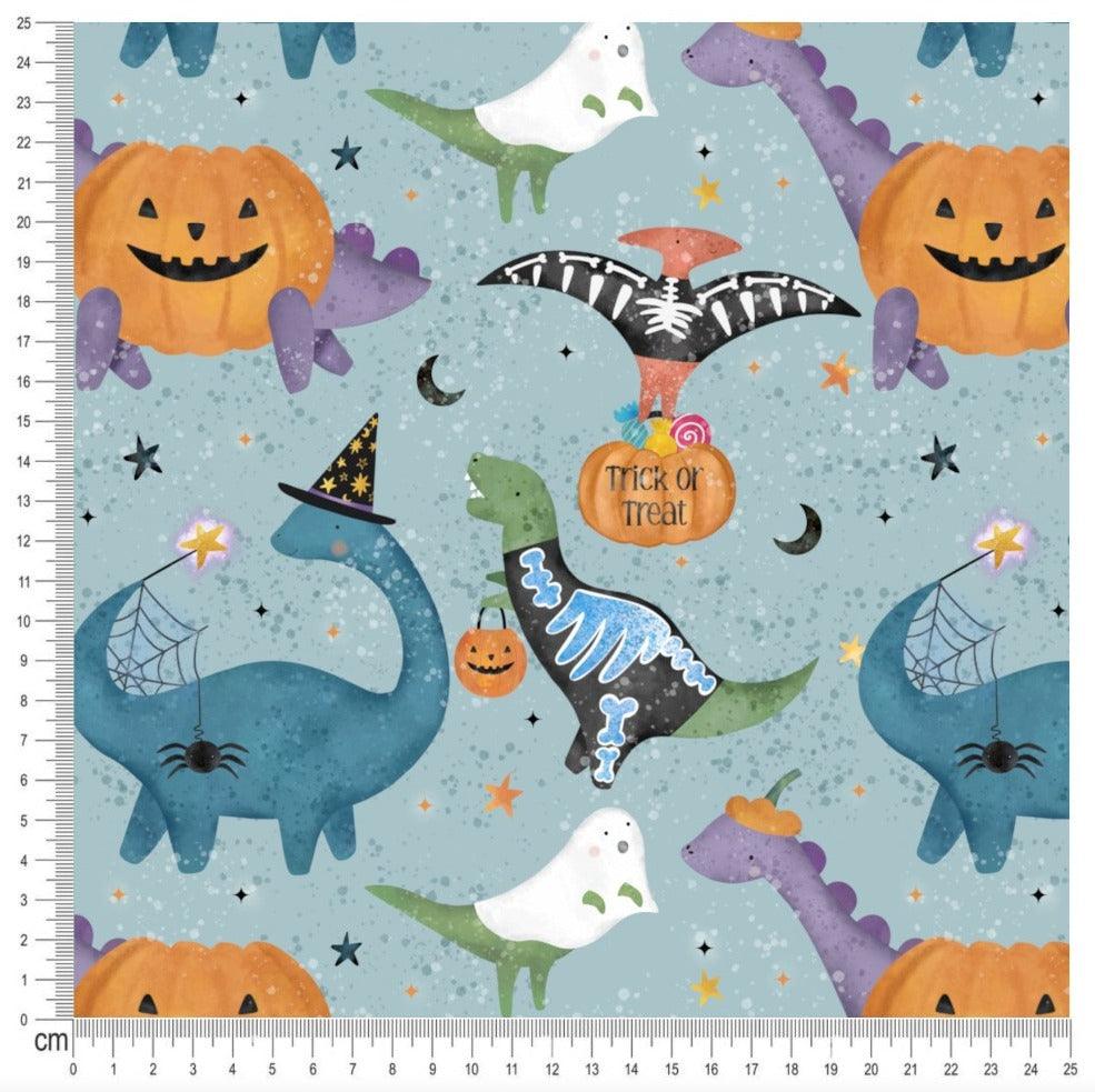 Cotton Jersey - Halloween Dinos in Duck Egg (EXCLUSIVE)-Jersey Fabric-Jelly Fabrics