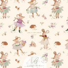 A repeating watercolor-style pattern on a warm cream background featuring illustrated mouse characters in pastel dresses, strawberries, small hedgehogs, flowers, and decorative script text reading 'LUMELO AND GINGER 2026'.