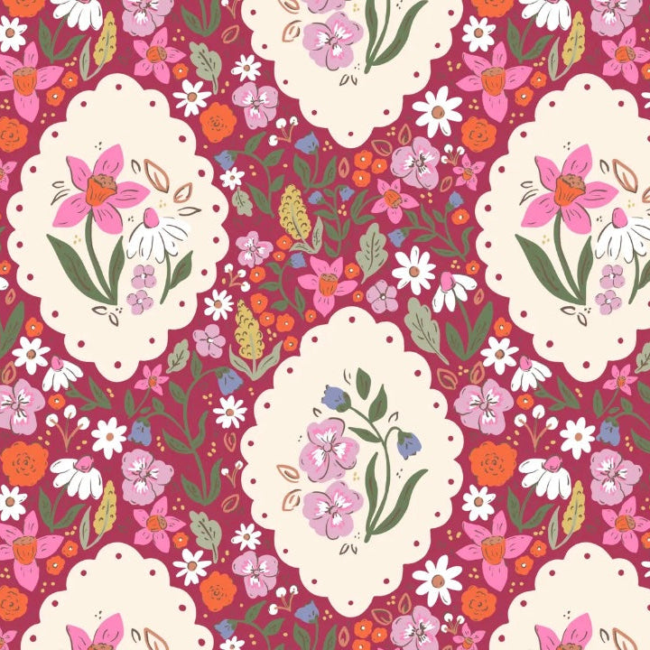 Floral pattern with decorative frames on a pink background