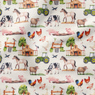 Pattern of farm animals, tractors, and barns on a white background