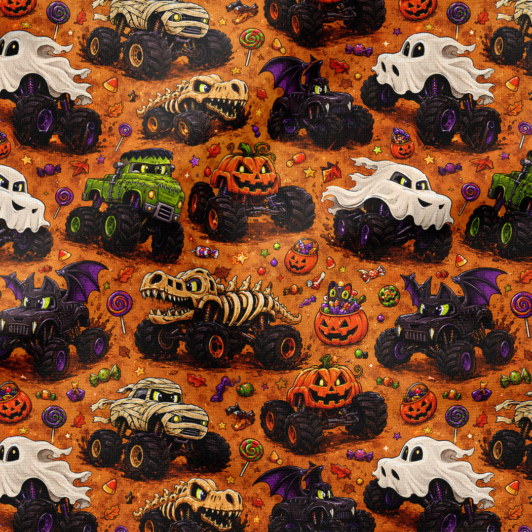 Halloween-themed monster truck pattern on orange fabric, featuring black, white, and green monster trucks, jack-o'-lanterns, ghosts, bats, and candy motifs.