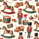 A repeating Christmas-themed pattern featuring wooden rocking horses, toy trucks, drum sets, nutcrackers, and ornaments on a warm cream background.