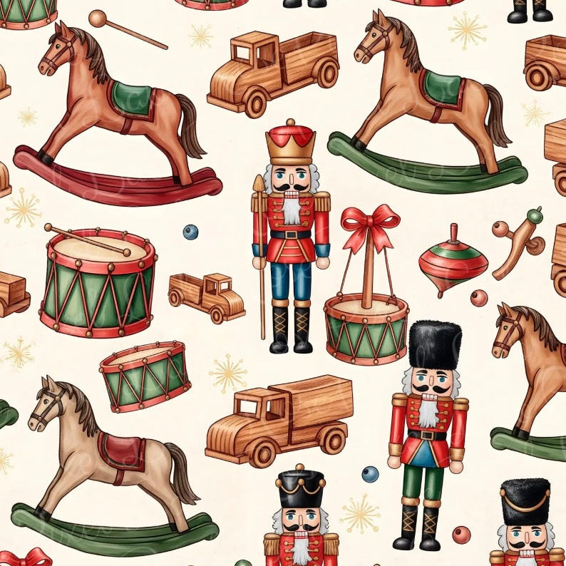 A repeating Christmas-themed pattern featuring wooden rocking horses, toy trucks, drum sets, nutcrackers, and ornaments on a warm cream background.
