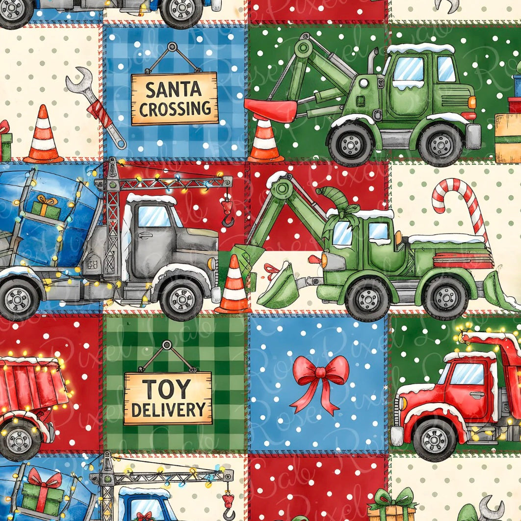 A festive Christmas-themed patchwork pattern featuring illustrated construction vehicles, snow cones, candy canes, gift boxes, and holiday signs such as 'Santa Crossing' and 'Toy Delivery' on red, green, blue, and cream background squares.