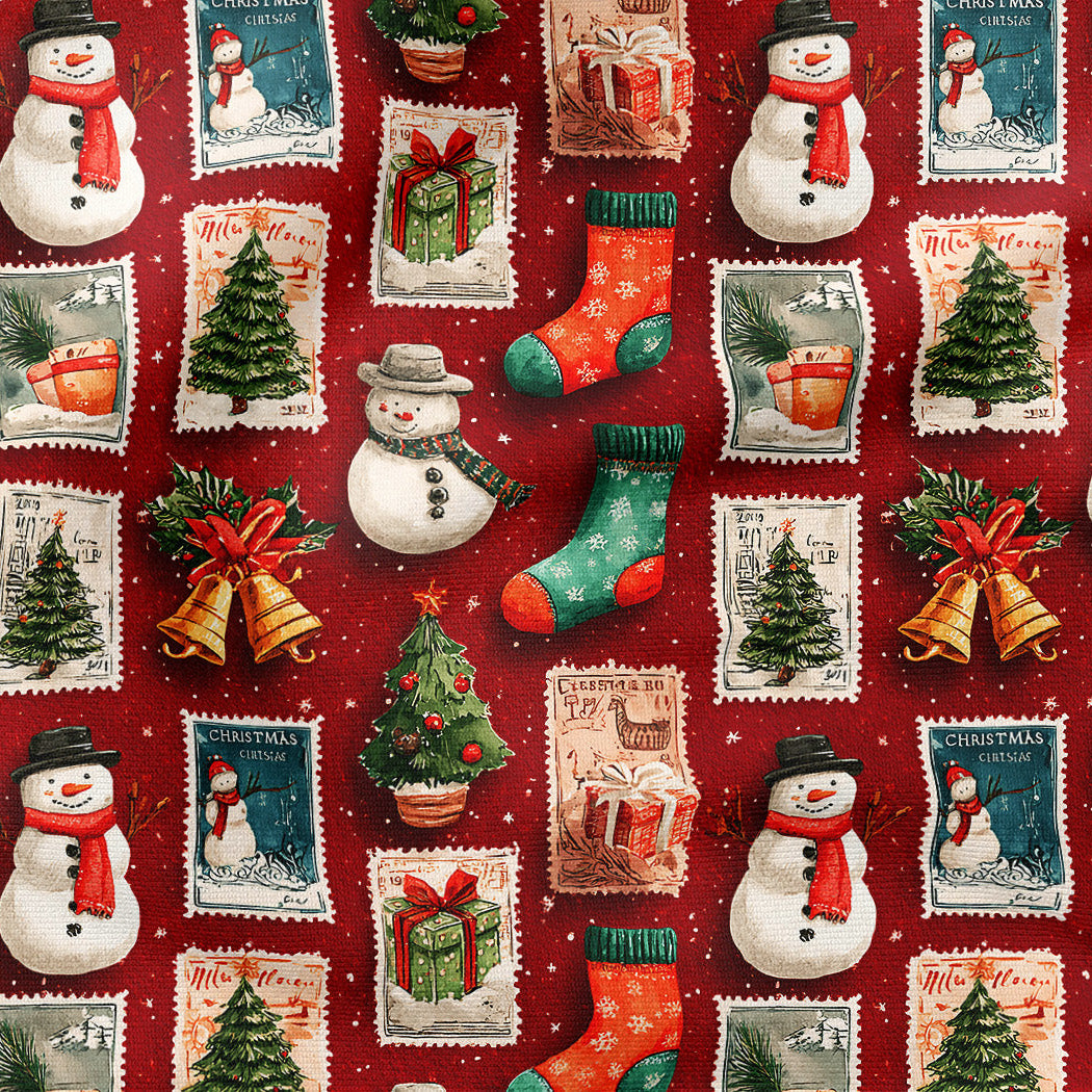 A festive Christmas-themed pattern featuring snowmen, stockings, gift boxes, Christmas trees, and bells arranged like postage stamps on a deep red background.