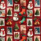 A festive Christmas-themed pattern featuring snowmen, stockings, gift boxes, Christmas trees, and bells arranged like postage stamps on a deep red background.