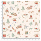 A repeating Christmas-themed pattern on a cream background, featuring teddy bears, snowman, rocking horses, Christmas trees, drums, toys, and small gifts. The print is shown with a measurement ruler along the left and bottom edges in centimeters.