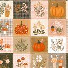 A repeating autumn patchwork pattern with illustrated pumpkins, mushrooms, flowers, and botanical motifs arranged in square panels of muted pink, beige, brown, and gray tones.