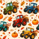 A repeating autumn-themed pattern featuring vintage tractors in green, blue, red, and yellow, scattered orange pumpkins, and orange and brown leaves on a cream background.