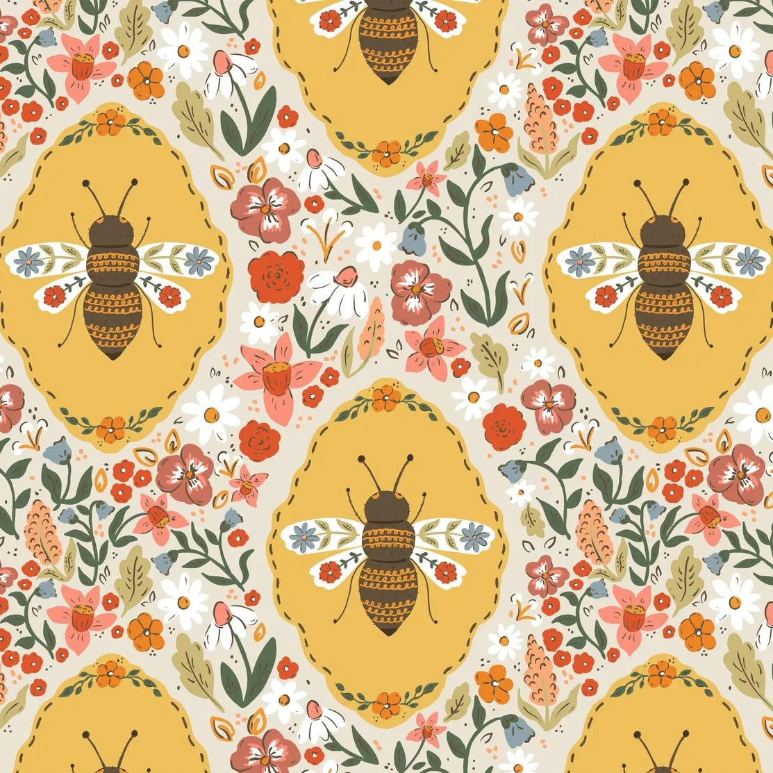 Bee and floral pattern on yellow background for fabric