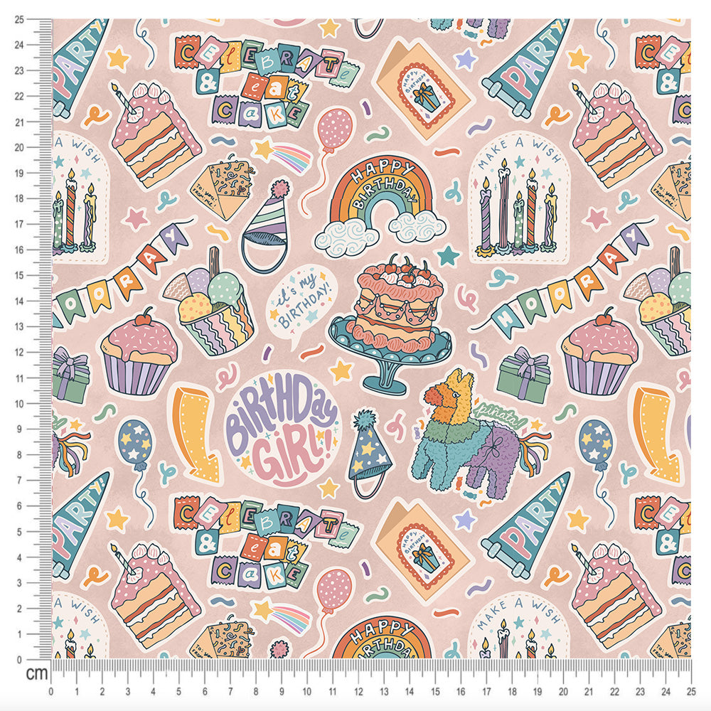 Happy Birthday Cakes Print Cotton Fabric - 60" Wide, Sold By The Metre, UK Made