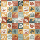 Patterned fabric with tropical designs including palm trees, turtles, and suns on a checkered background.