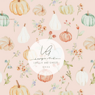 Patterned design with pumpkins and flowers on a pink background, featuring the Lumelo and Ginger brand.